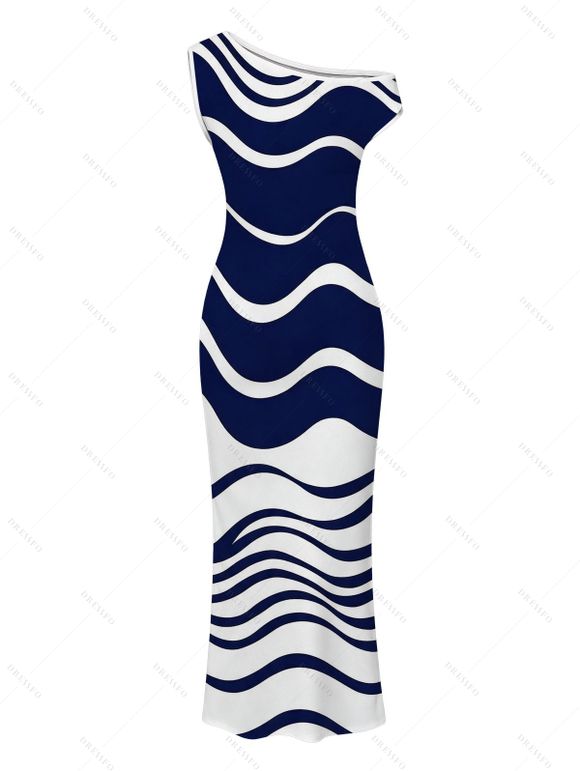 Daily Couple Outfit Colorblock Wave Striped Print Skew Neck Bodycon Dress and Short Sleeve Shirt Set - Turquoise Foncée S | US 4