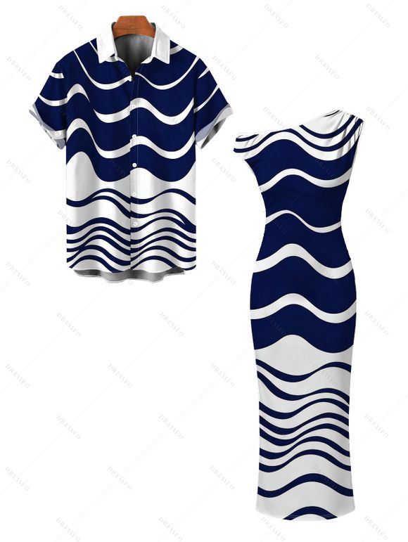 Daily Couple Outfit Colorblock Wave Striped Print Skew Neck Bodycon Dress and Short Sleeve Shirt Set - Turquoise Foncée S | US 4
