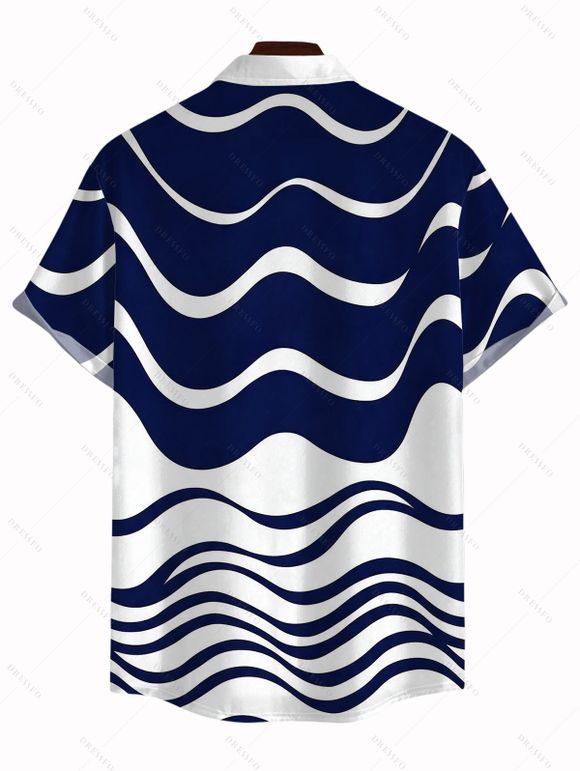Daily Couple Outfit Colorblock Wave Striped Print Skew Neck Bodycon Dress and Short Sleeve Shirt Set - Turquoise Foncée S | US 4