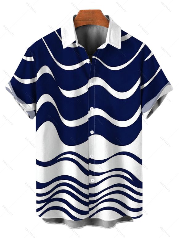 Daily Couple Outfit Colorblock Wave Striped Print Skew Neck Bodycon Dress and Short Sleeve Shirt Set - Turquoise Foncée S | US 4