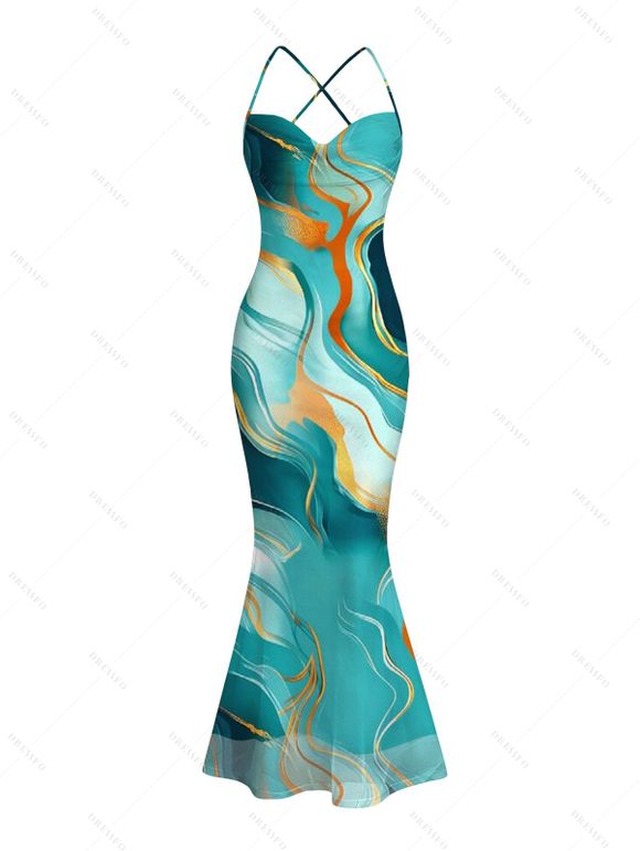Vacation Couple Outfit Gold Vein Fluid Marble Print Crisscross Draped Mesh Panel Mermaid Bodycon Dress and Short Sleeve Shirt Set - Turquoise Foncée S | US 4