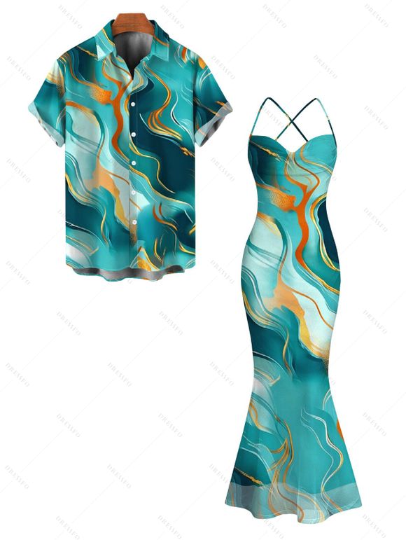 Vacation Couple Outfit Gold Vein Fluid Marble Print Crisscross Draped Mesh Panel Mermaid Bodycon Dress and Short Sleeve Shirt Set - Turquoise Foncée S | US 4