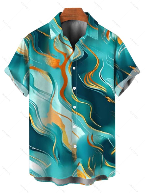 Vacation Couple Outfit Gold Vein Fluid Marble Print Crisscross Draped Mesh Panel Mermaid Bodycon Dress and Short Sleeve Shirt Set - Turquoise Foncée S | US 4