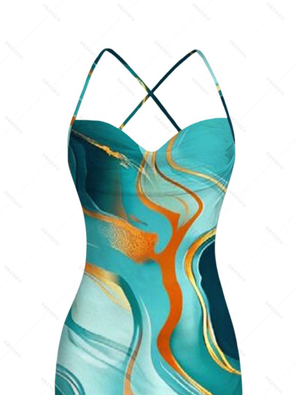 Vacation Couple Outfit Gold Vein Fluid Marble Print Crisscross Draped Mesh Panel Mermaid Bodycon Dress and Short Sleeve Shirt Set - Turquoise Foncée S | US 4