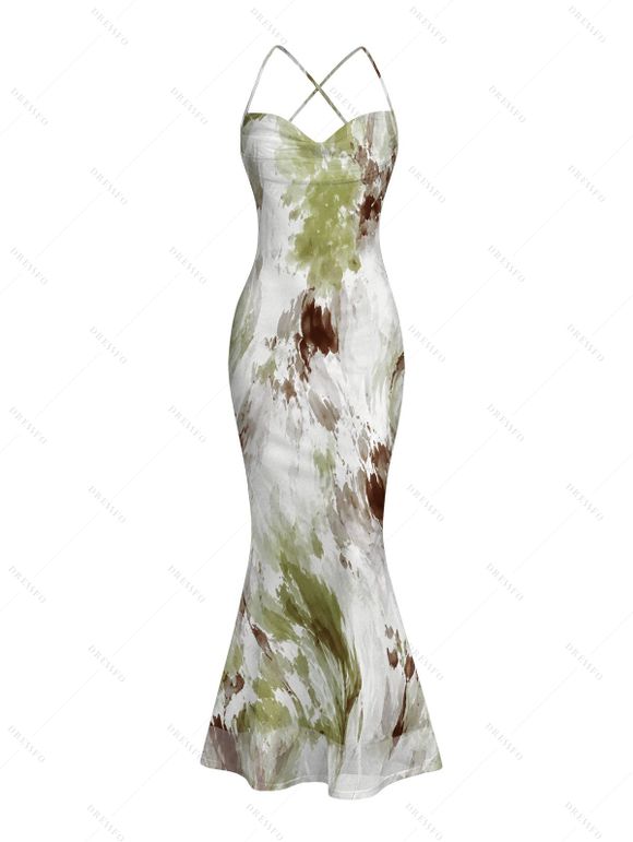 Vintage Vacation Couple Outfit Ink Painting Tie Dye Print Mesh Panel Draped Crisscross Mermaid Bodycon Dress and Short Sleeve Shirt Set - Vert clair S | US 4