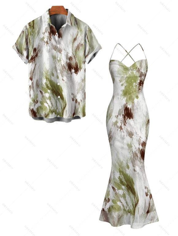 Vintage Vacation Couple Outfit Ink Painting Tie Dye Print Mesh Panel Draped Crisscross Mermaid Bodycon Dress and Short Sleeve Shirt Set - Vert clair S | US 4