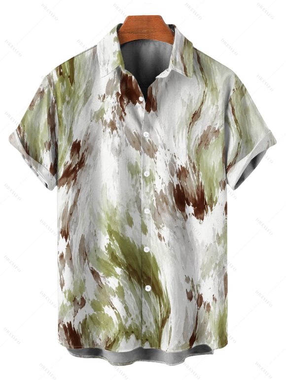 Vintage Vacation Couple Outfit Ink Painting Tie Dye Print Mesh Panel Draped Crisscross Mermaid Bodycon Dress and Short Sleeve Shirt Set - Vert clair S | US 4