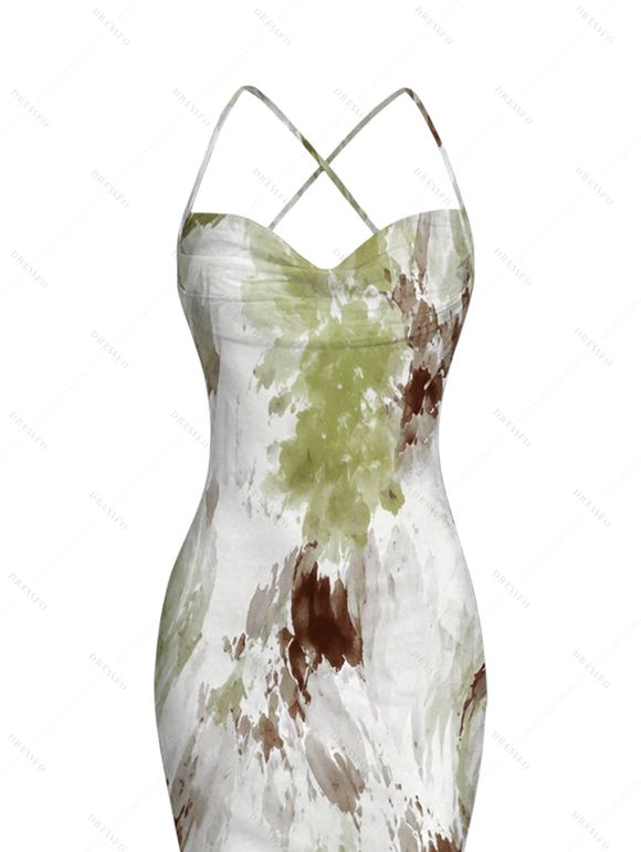 Vintage Vacation Couple Outfit Ink Painting Tie Dye Print Mesh Panel Draped Crisscross Mermaid Bodycon Dress and Short Sleeve Shirt Set - Vert clair S | US 4