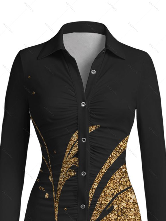 Vintage Couple Outfit Golden Scroll Vine Print Ruched Button Up Bodycon Slit Shirt Dress and Long Sleeve Shirt Set - Noir S | US 4