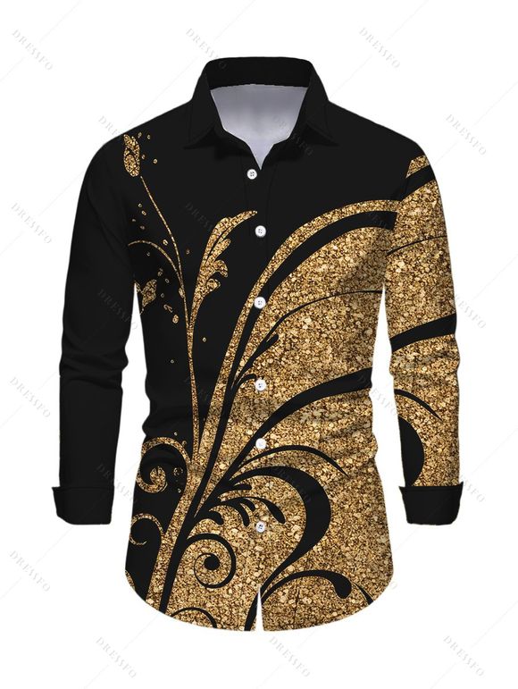 Vintage Couple Outfit Golden Scroll Vine Print Ruched Button Up Bodycon Slit Shirt Dress and Long Sleeve Shirt Set - Noir S | US 4