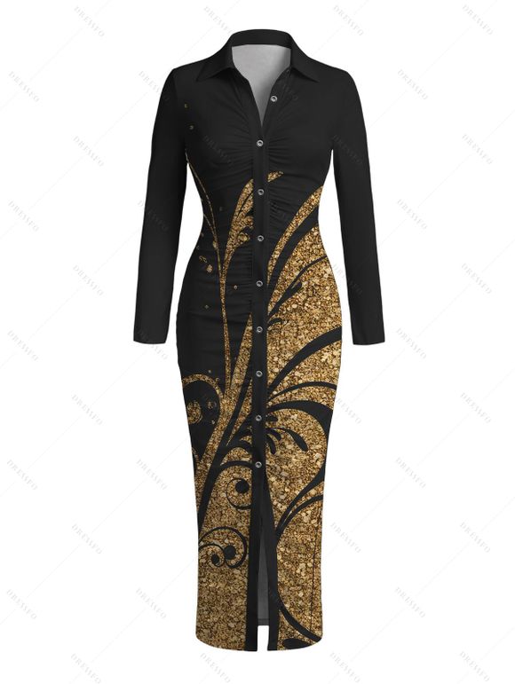 Vintage Couple Outfit Golden Scroll Vine Print Ruched Button Up Bodycon Slit Shirt Dress and Long Sleeve Shirt Set - Noir S | US 4