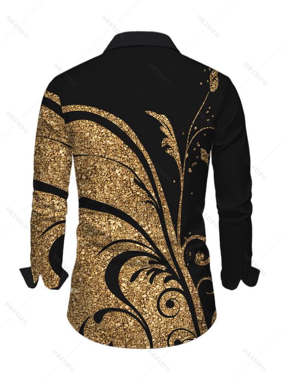 Vintage Couple Outfit Golden Scroll Vine Print Ruched Button Up Bodycon Slit Shirt Dress and Long Sleeve Shirt Set - Noir S | US 4