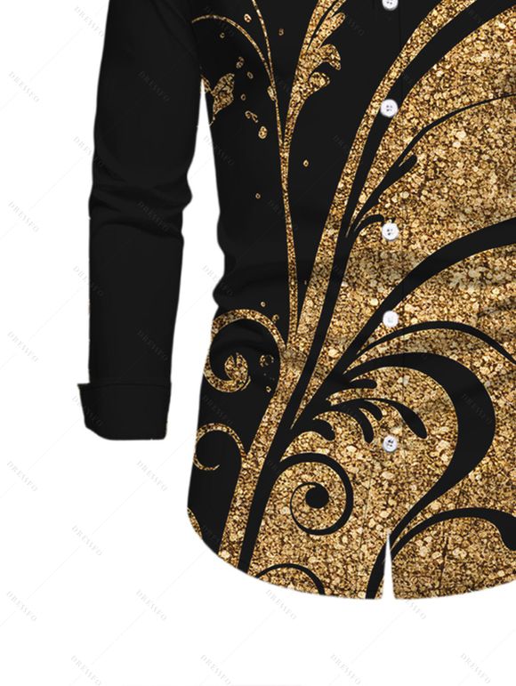 Vintage Couple Outfit Golden Scroll Vine Print Ruched Button Up Bodycon Slit Shirt Dress and Long Sleeve Shirt Set - Noir S | US 4