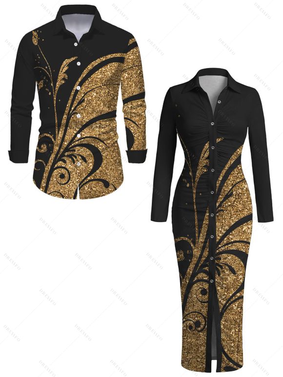 Vintage Couple Outfit Golden Scroll Vine Print Ruched Button Up Bodycon Slit Shirt Dress and Long Sleeve Shirt Set - Noir S | US 4
