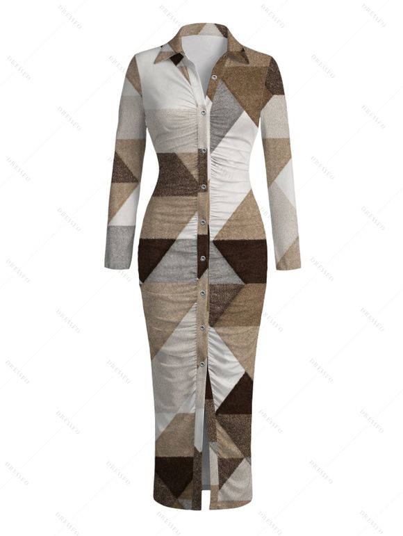 Vintage Couple Outfit Colorblock Geometric Triangle Print Ruched Button Up Bodycon Slit Shirt Dress and Long Sleeve Shirt Set - café lumière S | US 4
