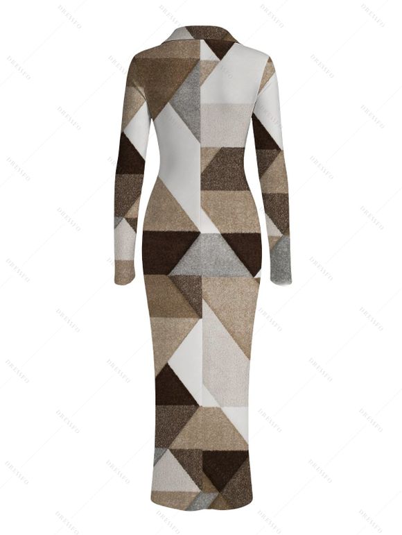 Vintage Couple Outfit Colorblock Geometric Triangle Print Ruched Button Up Bodycon Slit Shirt Dress and Long Sleeve Shirt Set - café lumière S | US 4