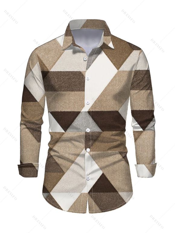 Vintage Couple Outfit Colorblock Geometric Triangle Print Ruched Button Up Bodycon Slit Shirt Dress and Long Sleeve Shirt Set - café lumière S | US 4