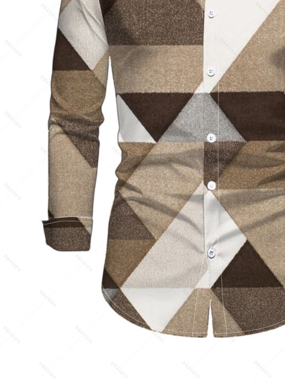 Vintage Couple Outfit Colorblock Geometric Triangle Print Ruched Button Up Bodycon Slit Shirt Dress and Long Sleeve Shirt Set - café lumière S | US 4
