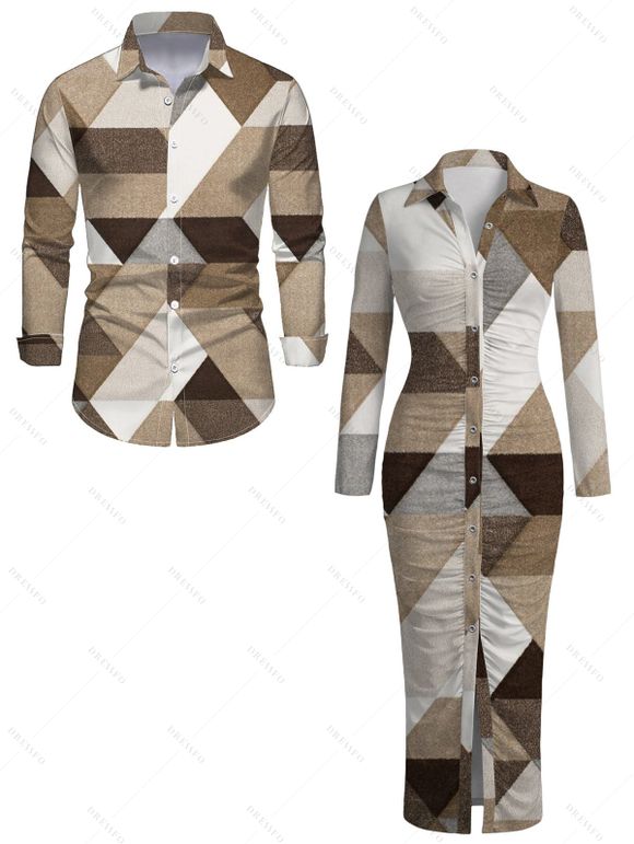 Vintage Couple Outfit Colorblock Geometric Triangle Print Ruched Button Up Bodycon Slit Shirt Dress and Long Sleeve Shirt Set - café lumière S | US 4