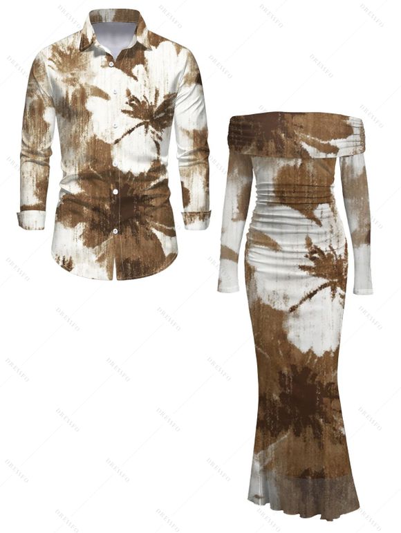 Vintage Vacation Couple Outfit Tropical Palm Leaf Print Ruched Foldover Off the Shoulder Bodycon Dress and Long Sleeve Shirt Set - café S | US 4