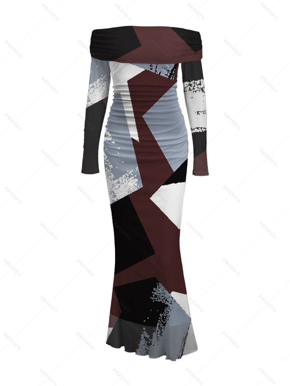 Vintage Couple Outfit Colorblock Irregular Geometric Print Foldover Off the Shoulder Ruched Bodycon Dress and Long Sleeve Shirt Set - multicolor A S | US 4