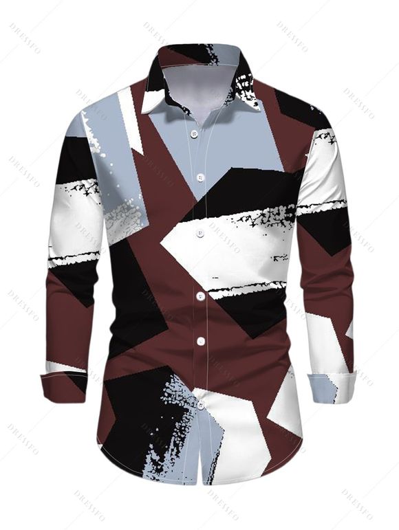 Vintage Couple Outfit Colorblock Irregular Geometric Print Foldover Off the Shoulder Ruched Bodycon Dress and Long Sleeve Shirt Set - multicolor A S | US 4