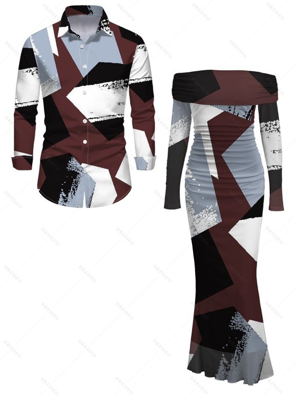 Vintage Couple Outfit Colorblock Irregular Geometric Print Foldover Off the Shoulder Ruched Bodycon Dress and Long Sleeve Shirt Set - multicolor A S | US 4