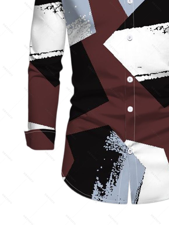 Vintage Couple Outfit Colorblock Irregular Geometric Print Foldover Off the Shoulder Ruched Bodycon Dress and Long Sleeve Shirt Set - multicolor A S | US 4