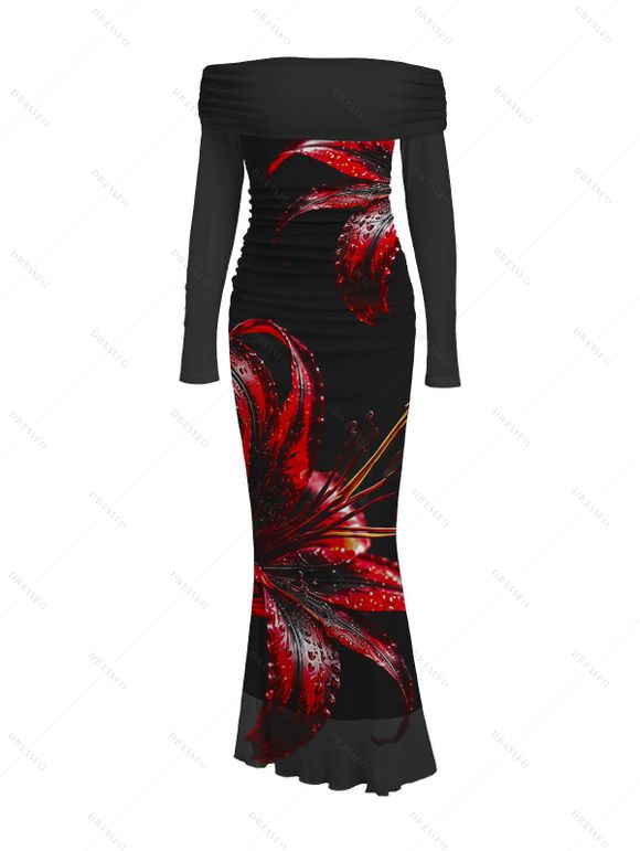 Vintage Party Couple Outfit Red Lily Floral Print Foldover Off the Shoulder Ruched Bodycon Dress and Long Sleeve Shirt Set - Noir S | US 4