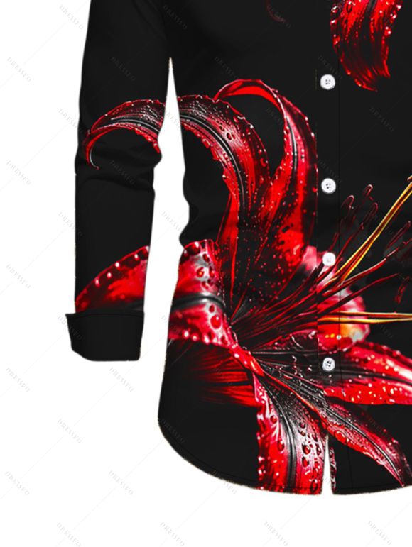 Vintage Party Couple Outfit Red Lily Floral Print Foldover Off the Shoulder Ruched Bodycon Dress and Long Sleeve Shirt Set - Noir S | US 4