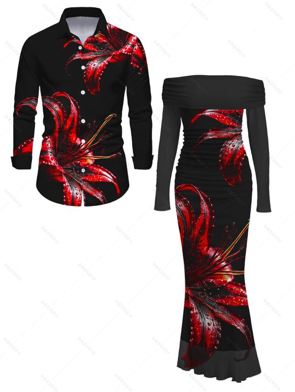 Vintage Party Couple Outfit Red Lily Floral Print Foldover Off the Shoulder Ruched Bodycon Dress and Long Sleeve Shirt Set - Noir S | US 4
