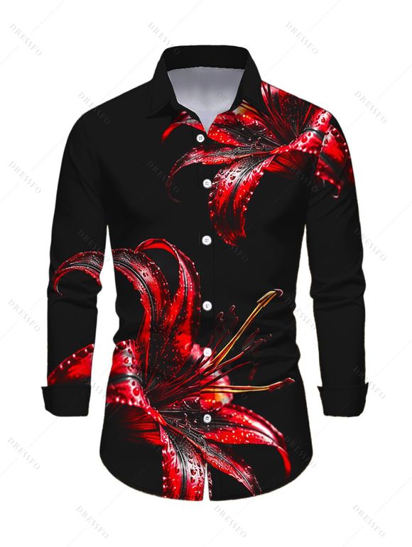 Vintage Party Couple Outfit Red Lily Floral Print Foldover Off the Shoulder Ruched Bodycon Dress and Long Sleeve Shirt Set - Noir S | US 4