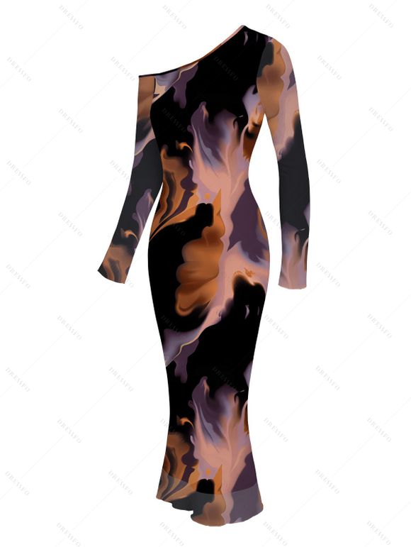 Vacation Couple Outfit Abstract Fluid Marble Tie Dye Print Mesh Panel Skew Neck Bodycon Dress and Long Sleeve Shirt Set - Noir S | US 4