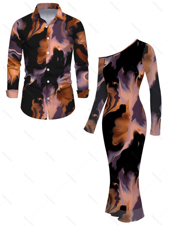Vacation Couple Outfit Abstract Fluid Marble Tie Dye Print Mesh Panel Skew Neck Bodycon Dress and Long Sleeve Shirt Set - Noir S | US 4