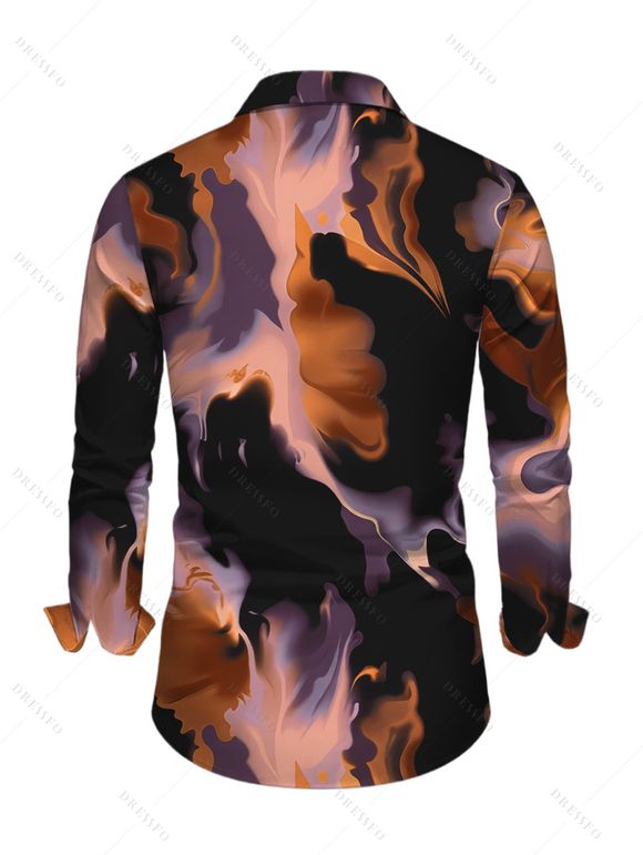 Vacation Couple Outfit Abstract Fluid Marble Tie Dye Print Mesh Panel Skew Neck Bodycon Dress and Long Sleeve Shirt Set - Noir S | US 4