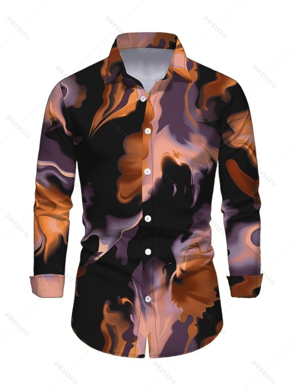 Vacation Couple Outfit Abstract Fluid Marble Tie Dye Print Mesh Panel Skew Neck Bodycon Dress and Long Sleeve Shirt Set - Noir S | US 4