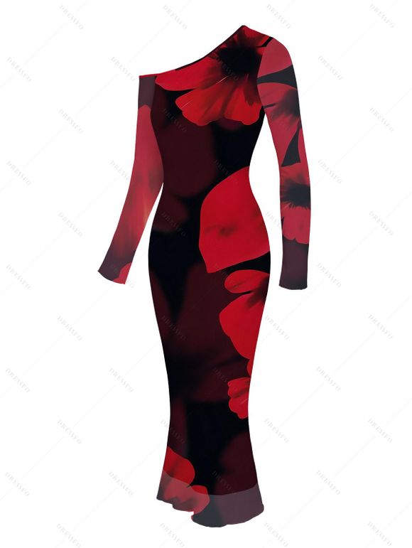 Vintage Couple Outfit Large Red Floral Print Mesh Panel Skew Neck Bodycon Dress and Long Sleeve Shirt Set - Noir S | US 4