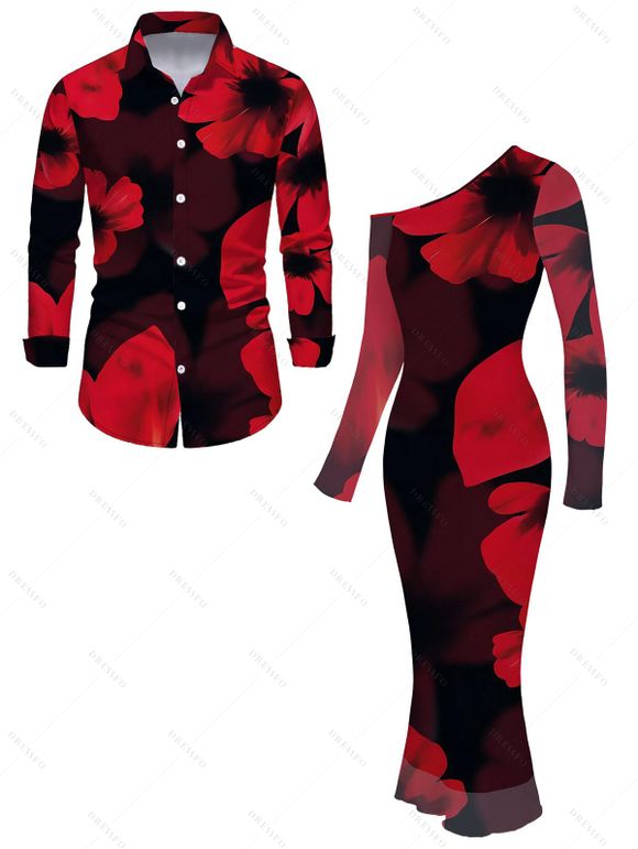 Vintage Couple Outfit Large Red Floral Print Mesh Panel Skew Neck Bodycon Dress and Long Sleeve Shirt Set - Noir S | US 4