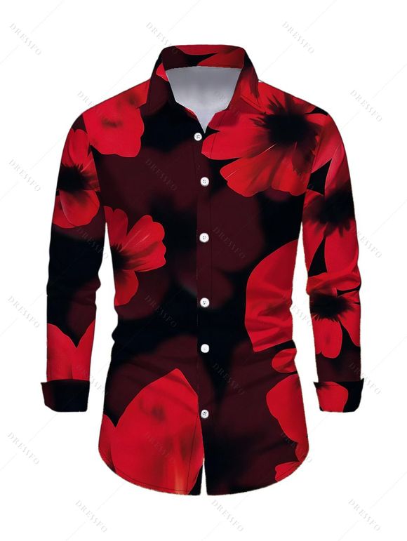 Vintage Couple Outfit Large Red Floral Print Mesh Panel Skew Neck Bodycon Dress and Long Sleeve Shirt Set - Noir S | US 4