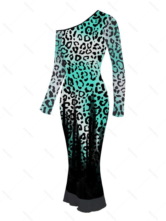Vintage Couple Outfit Ombre Leopard Print Mesh Panel Skew Neck Bodycon Dress and Long Sleeve Shirt Set - Noir S | US 4