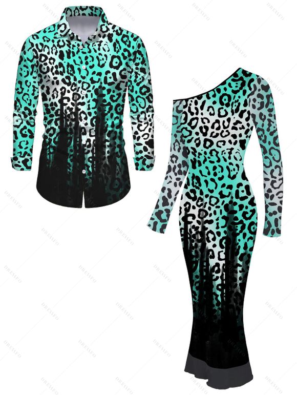 Vintage Couple Outfit Ombre Leopard Print Mesh Panel Skew Neck Bodycon Dress and Long Sleeve Shirt Set - Noir S | US 4