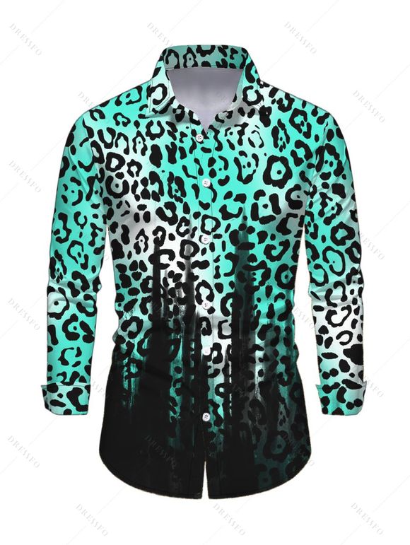 Vintage Couple Outfit Ombre Leopard Print Mesh Panel Skew Neck Bodycon Dress and Long Sleeve Shirt Set - Noir S | US 4