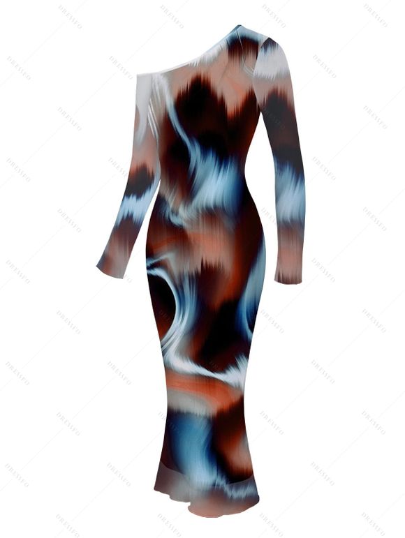 Vintage Couple Outfit Tie Dye Ink Painting Print Mesh Panel Skew Neck Bodycon Dress and Long Sleeve Shirt Set - marron foncé S | US 4