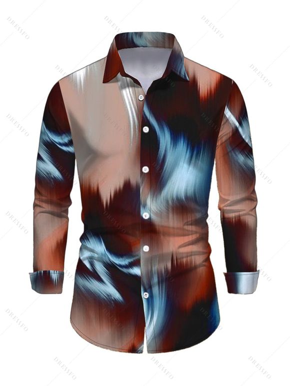 Vintage Couple Outfit Tie Dye Ink Painting Print Mesh Panel Skew Neck Bodycon Dress and Long Sleeve Shirt Set - marron foncé S | US 4