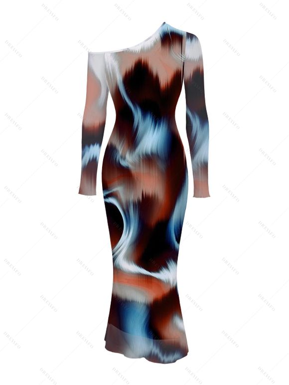 Vintage Couple Outfit Tie Dye Ink Painting Print Mesh Panel Skew Neck Bodycon Dress and Long Sleeve Shirt Set - marron foncé S | US 4