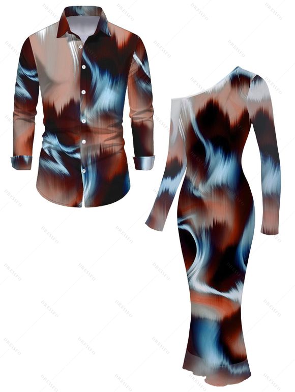 Vintage Couple Outfit Tie Dye Ink Painting Print Mesh Panel Skew Neck Bodycon Dress and Long Sleeve Shirt Set - marron foncé S | US 4