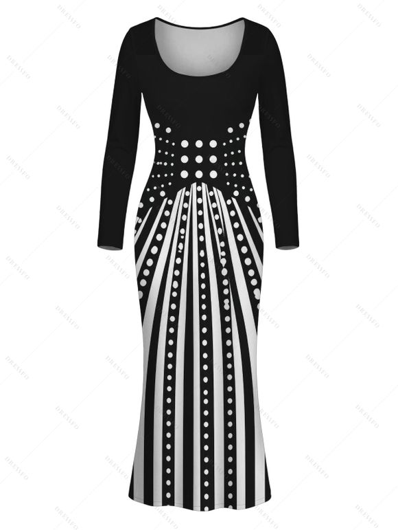 Winter Couple Outfit Monochrome Radial Striped Polka Dots U Neck Mermaid Bodycon Dress and Knitted Shirt Set - Noir S | US 4