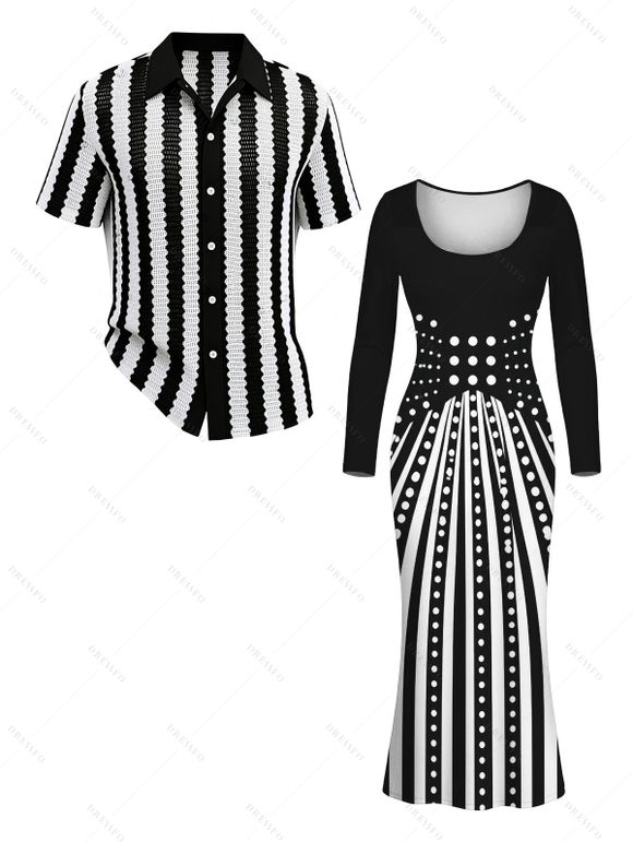 Winter Couple Outfit Monochrome Radial Striped Polka Dots U Neck Mermaid Bodycon Dress and Knitted Shirt Set - Noir S | US 4