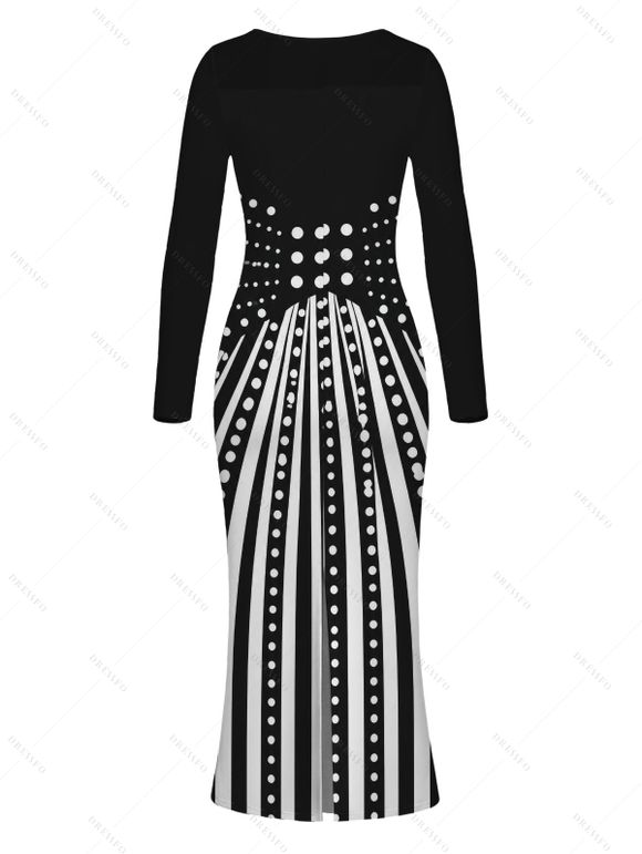 Party Dress Monochrome Radial Striped Polka Dots U Neck Long Sleeve Mermaid Bodycon Dress - Noir M | US 6
