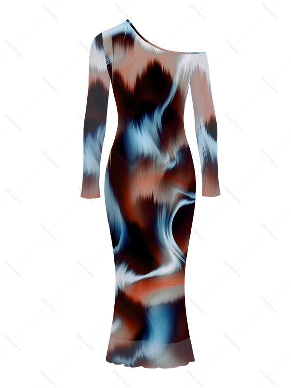 Vintage Dress Tie Dye Ink Painting Print Mesh Panel Skew Neck Long Sleeve Bodycon Dress - marron foncé S | US 4
